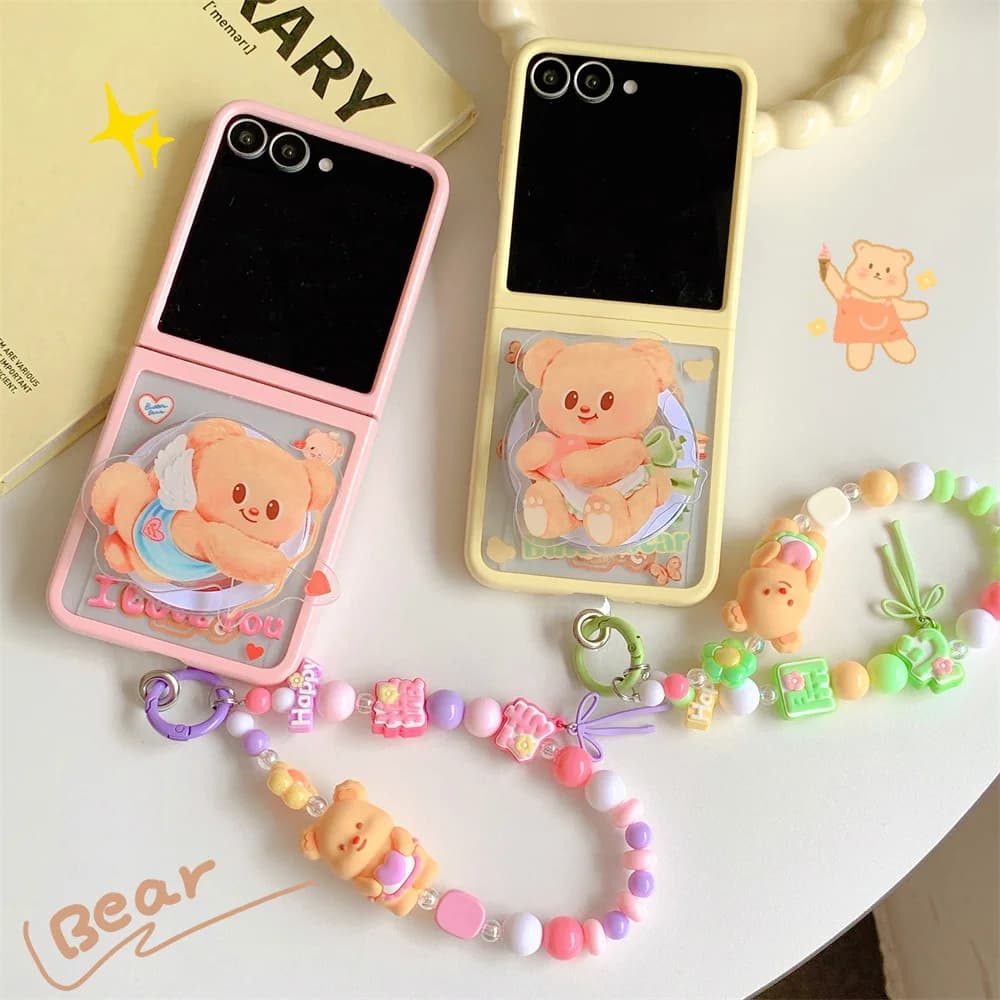 Custodia per telefono con supporto magnetico coreano INS simpatico orso per Samsung Galaxy Z Flip 7 Flip 6 Flip 5 6 7 Cover con catena con Magsafe Funda