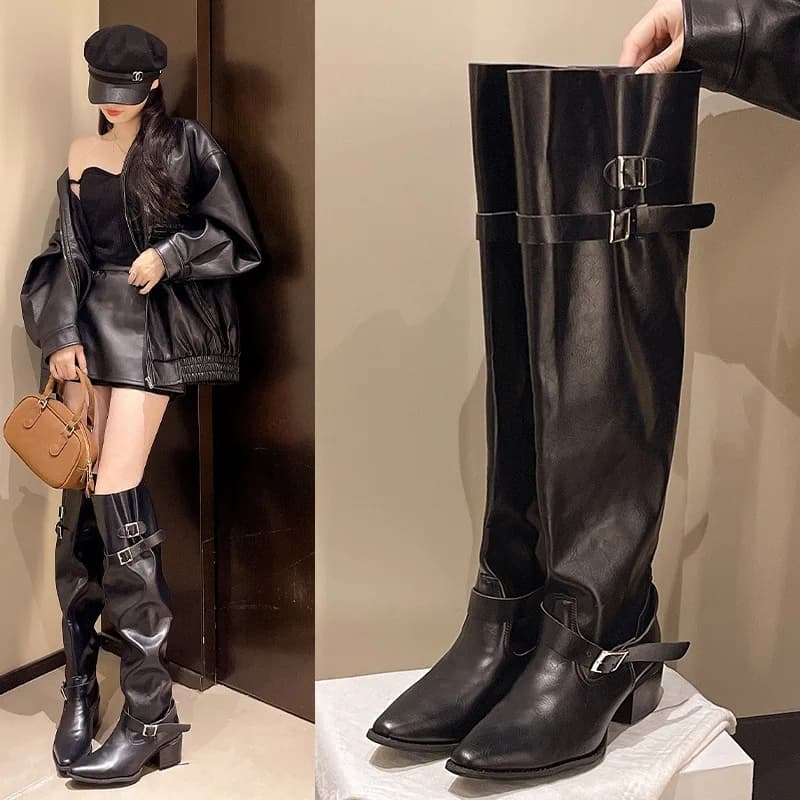 Knee Length Boots for Women 2026 Autumn Winter New Black Large Round Pleated Stacking Boots Women
