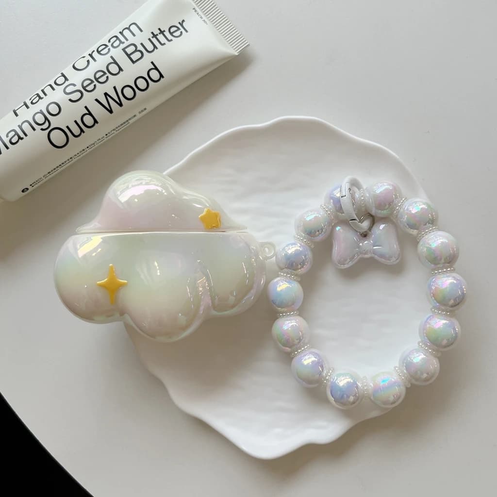Custodia per auricolari con ciondolo a forma di stelle e nuvole, processo di galvanizzazione, con perline rotonde, per AirPods 1 o 2, 3, 4, Pro 2, Pro 3