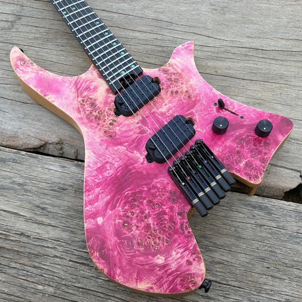 6 String Headless Electric Guitar Fanned Frets Ebony Fretboard Luminous Dots 9 Piece Neck Pink Burl Maple Stainless Steel Frets