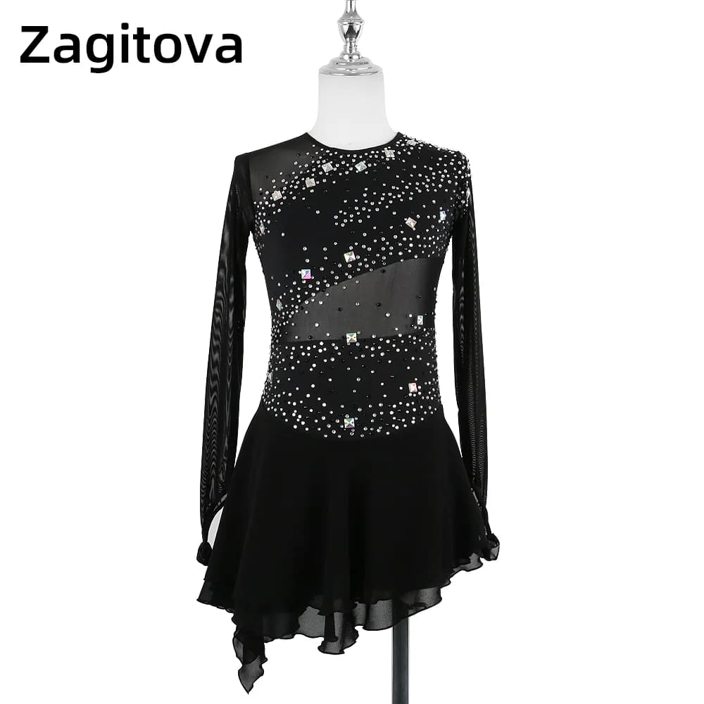ZAGITOVA Abito da Pattinaggio di Figura Donna Ragazza Manica Lunga Gonna da Pattinaggio di Figura sul Ghiaccio Nero Scava Fuori Strass Gonna a Maglia Costume