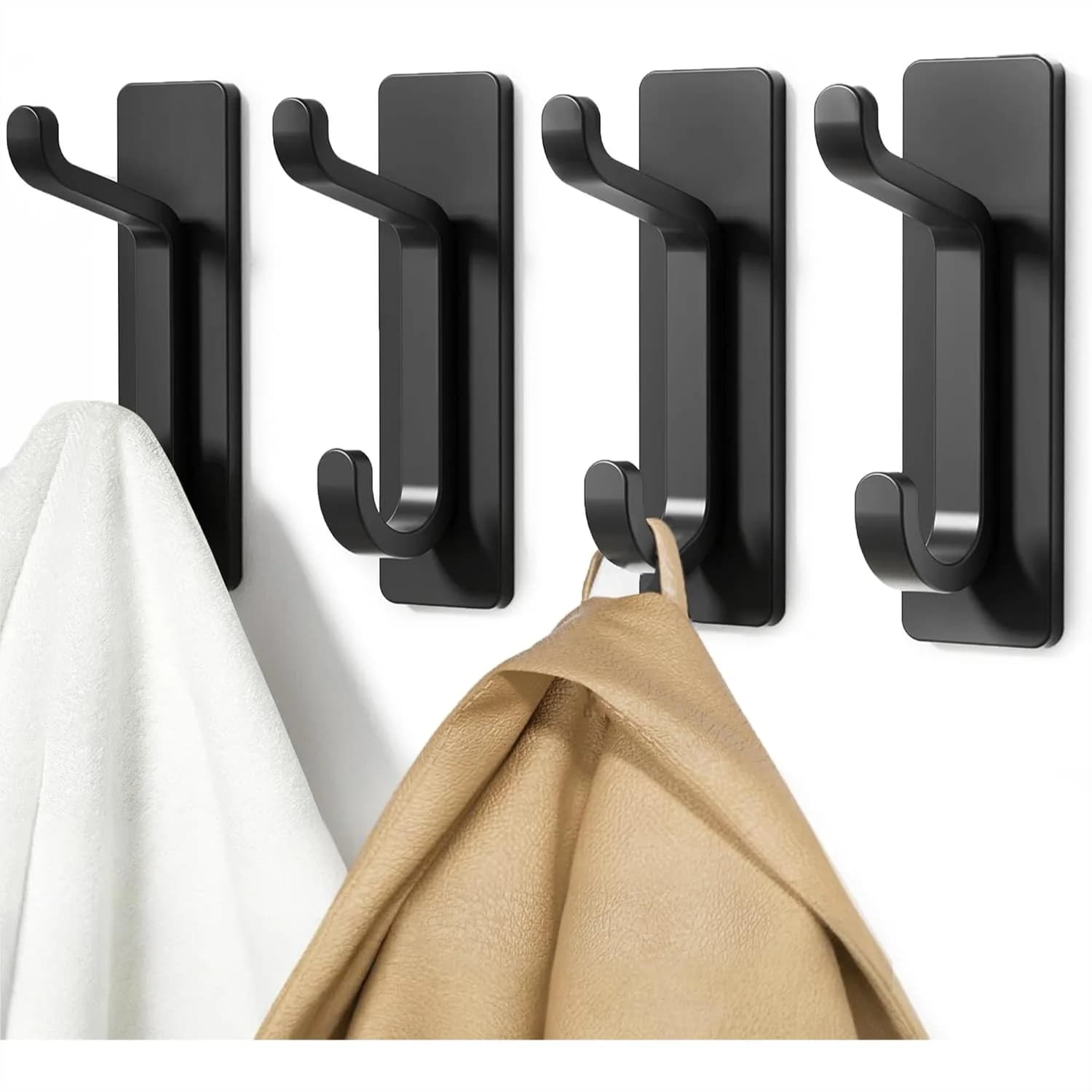 Adhesive Wall Hooks for Coats and Towels, 13LB Strong Stick on Door Hanger, Black 4 Pack