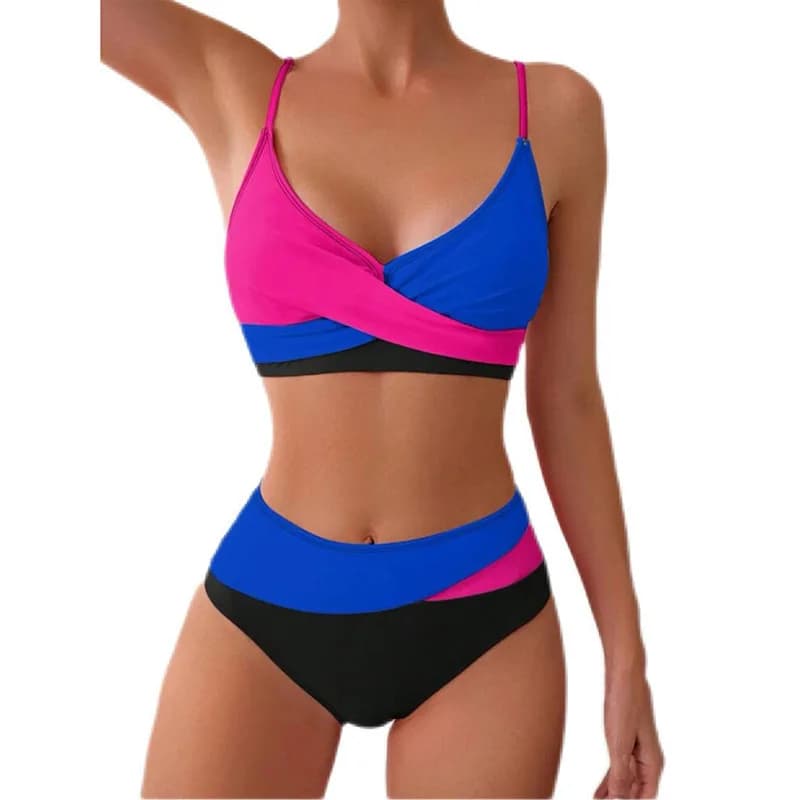 Nuovo bikini a due pezzi color block per donna, adatto per spiaggia e sorgenti termali.