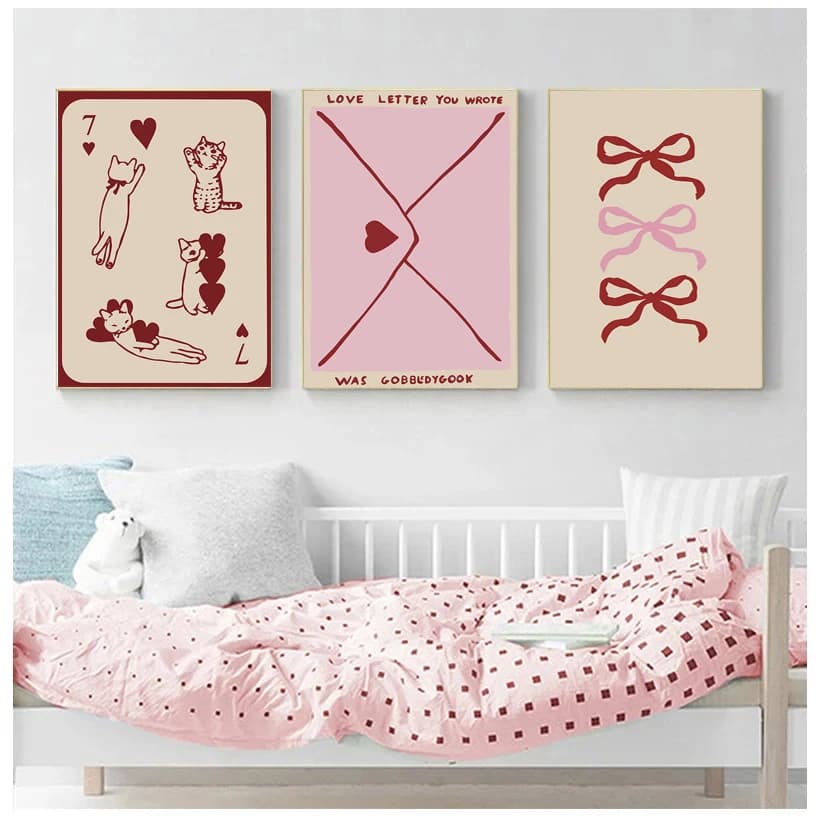 Pink Love Letter Envelope Bow Cat Wall Art Picture Canvas Print Painting Modern Art Poster Girls Room Decoration No Frame