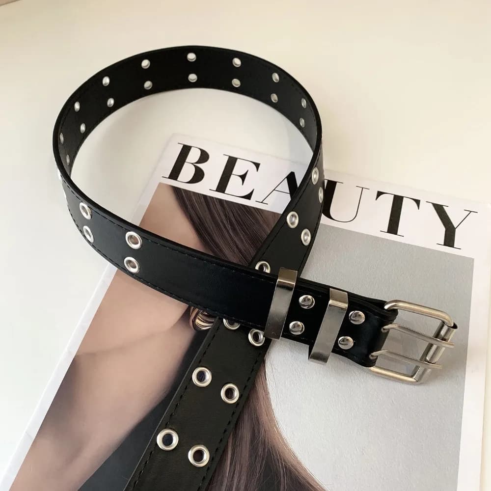 New PU Leather Punk Belt Adjustable Solid Double Row Belt Metal Buckle Eyelet Waist Belt Women's Fashion