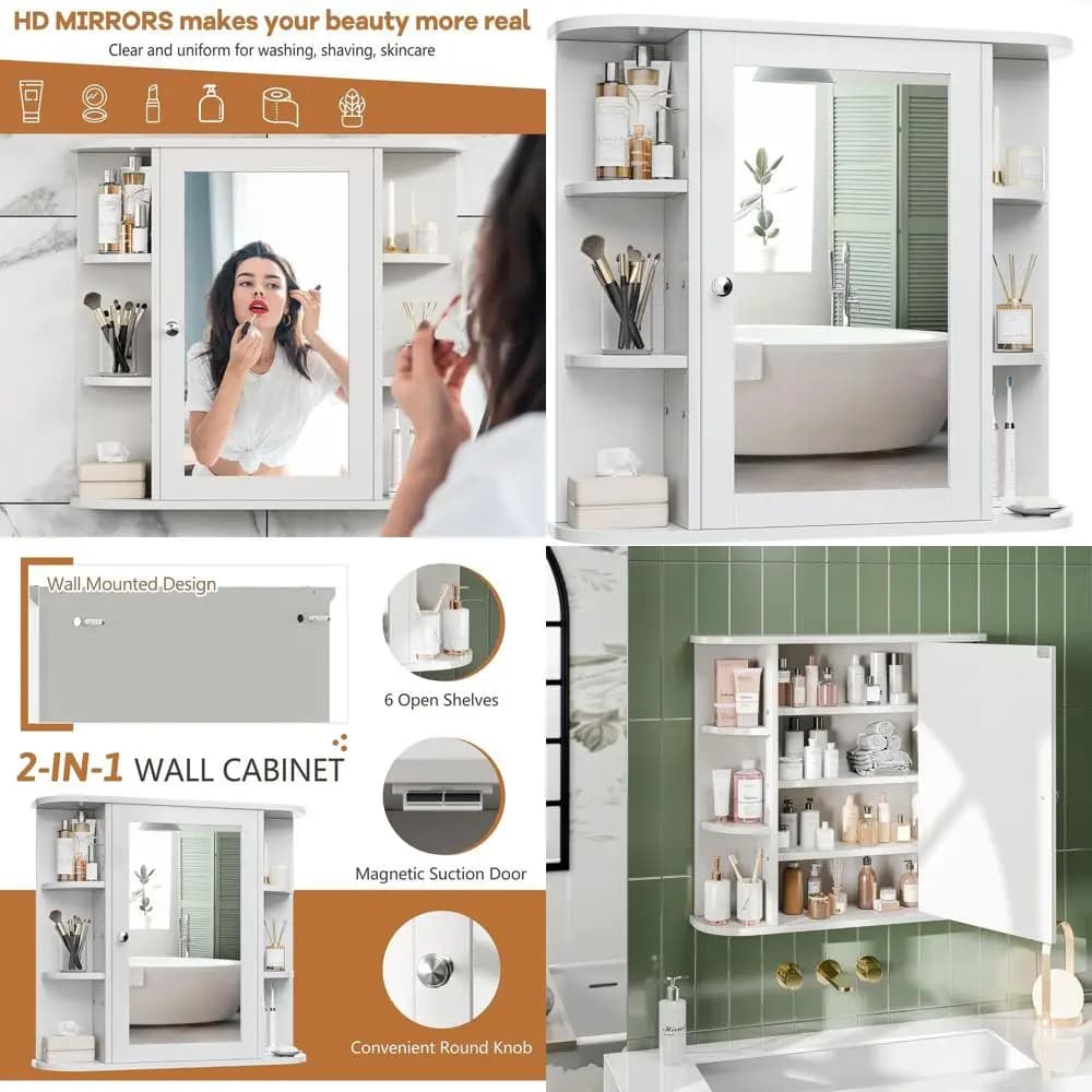Armadietto per medicinali da parete con specchio e 6 ripiani, mobiletto bianco per il bagno