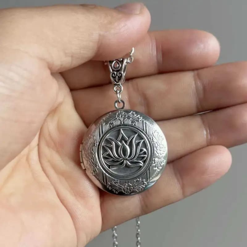 Retro Lotus Flower Locket Pendant Openable Silver Color Stainless Steel Photo Frame Charm Necklace For Women Men Jewelry Gift