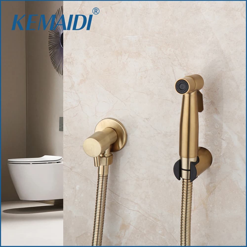 KEMAIDI Rubinetto per bidet da bagno in oro spazzolato Miscelatore portatile in ottone con spruzzo a parete Spray manuale Doppia via d'acqua Miscelatore a 1 maniglia