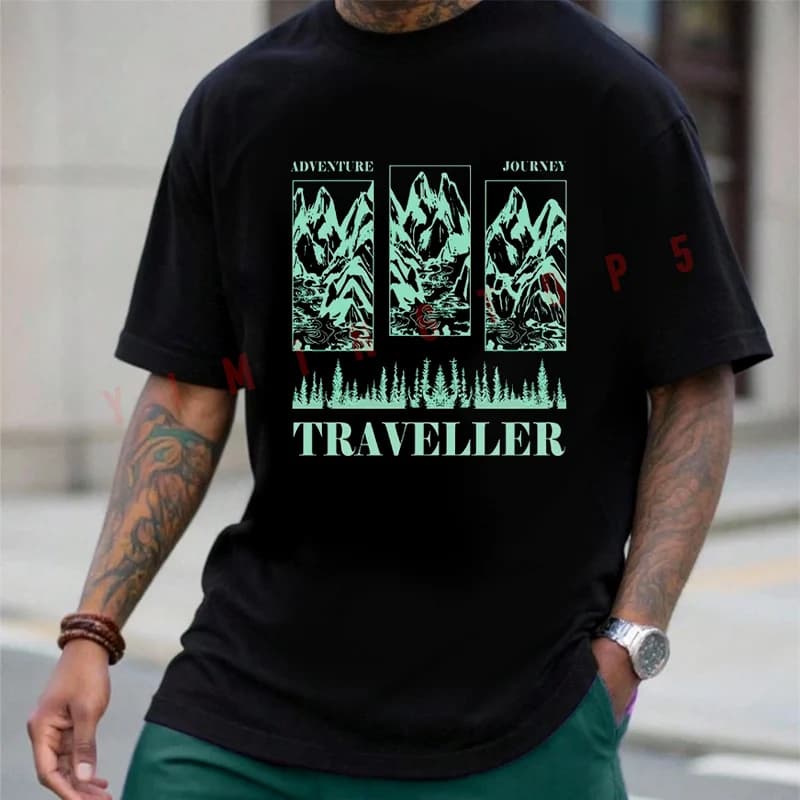 Manfinity LEGND Men's Mountain Slogan Graphic Moto Cotton Tshirt Men Funny Men T-shirt Summer Harajuku Short-Sleeve Top Tees
