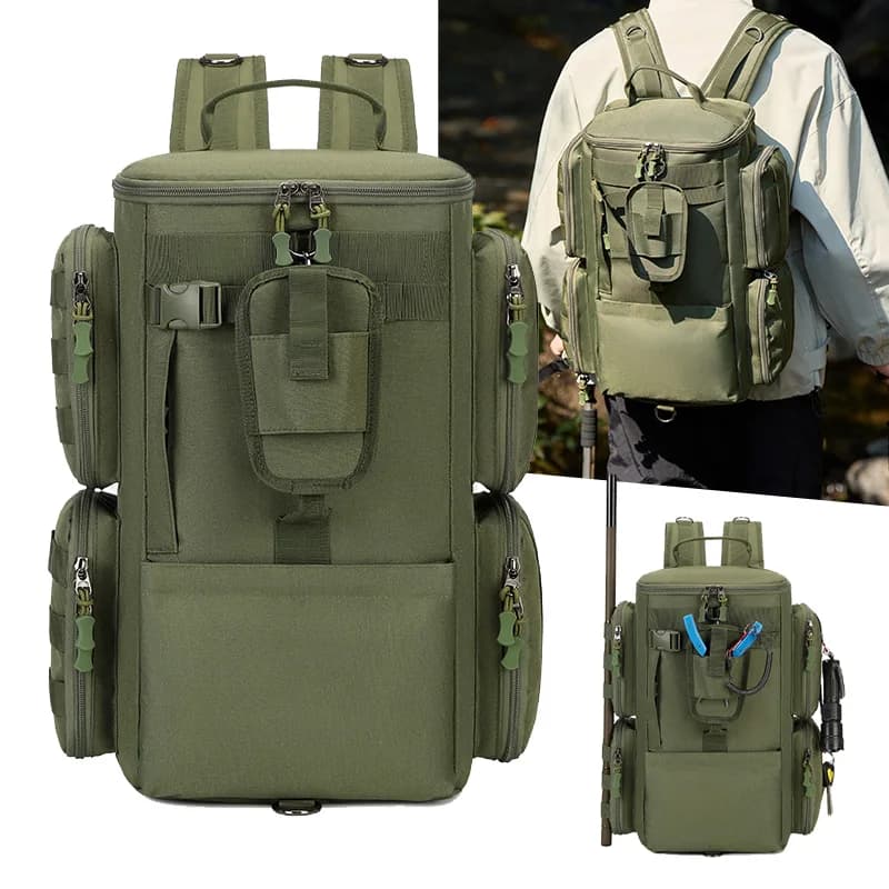 Zaino Multifunzionale per Pesca con Portacanne, Borsa per Attrezzatura, Sistema Molle, per Campeggio, Escursionismo e Trekking
