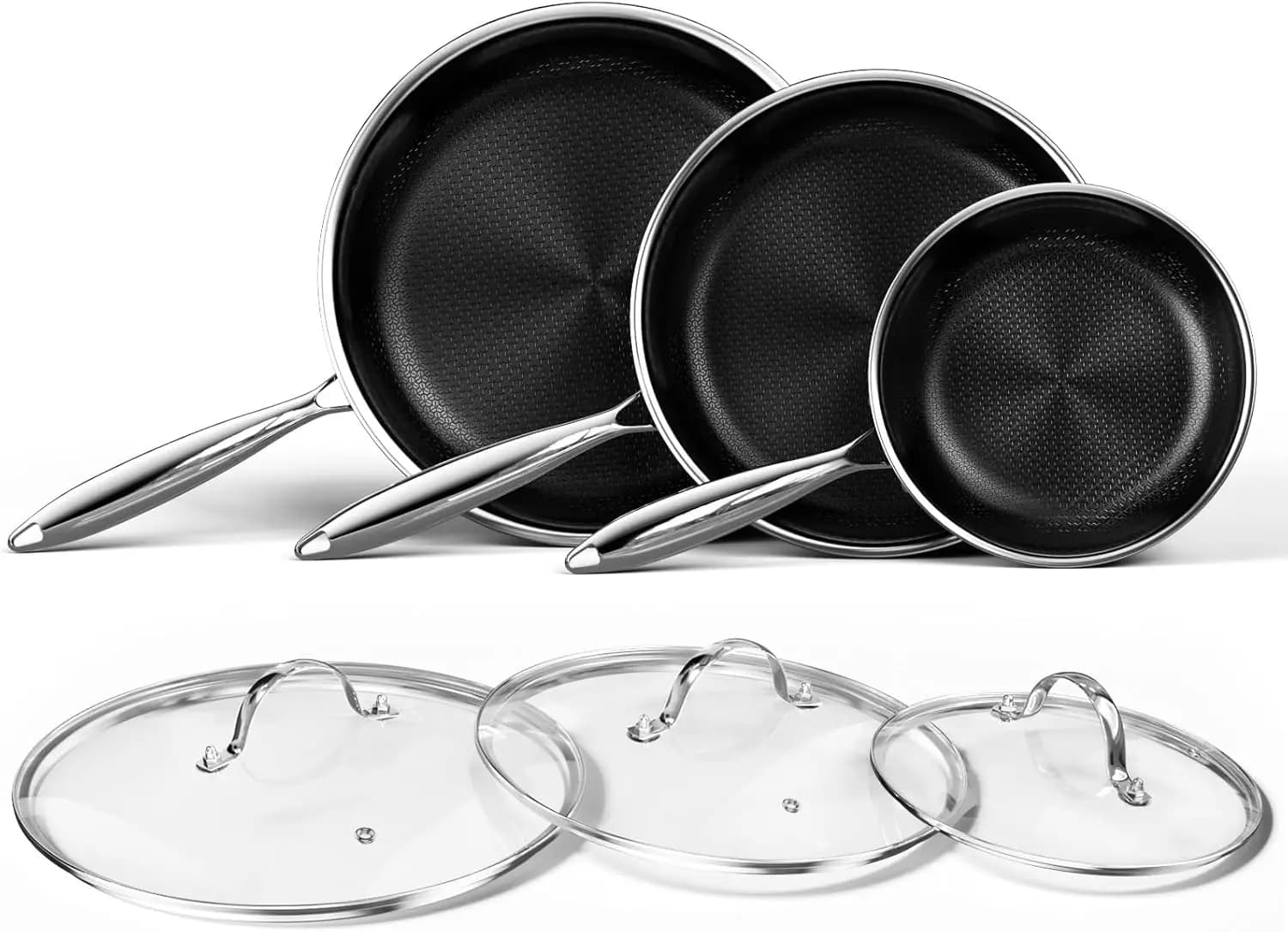 Set di Padelle Antiaderenti in Titanio e Ceramica, 6 Pezzi, Padelle Antiaderenti in Acciaio Inox con Struttura a Nido d'Ape