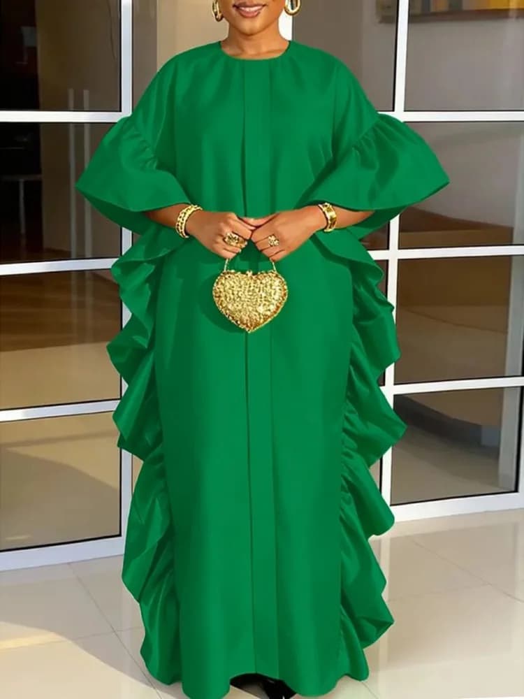 Dress Kaftano Elegant Woman Tinaa with Volant, Solid Color, Half Sleeve, Soft Long Dress for Party, Silk and Religious Events, Collection 2026