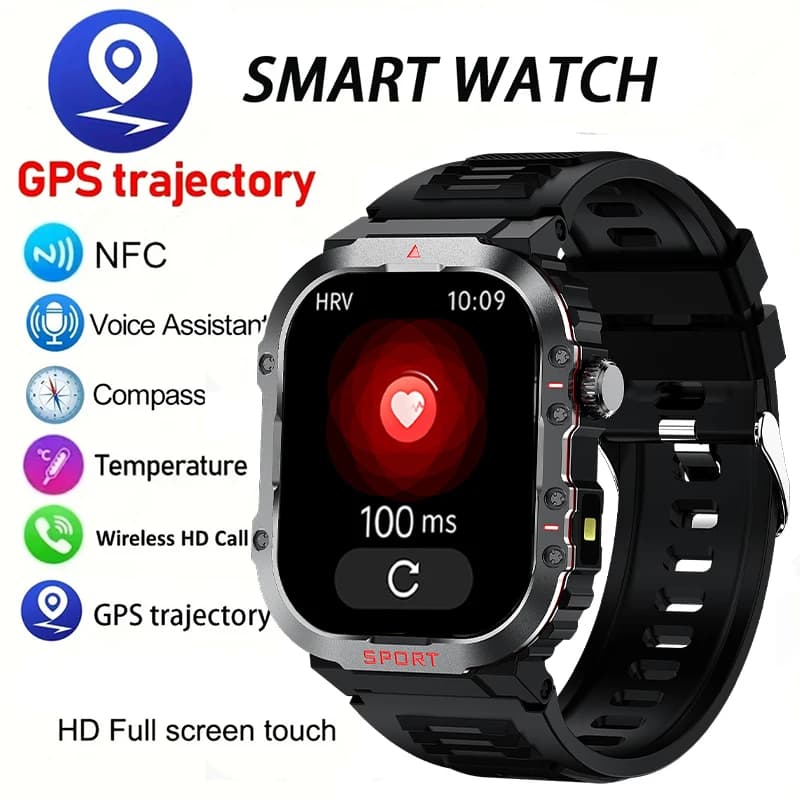 Military smartwatch for outdoors with torch, compass, waterproof up to 10 meters, heart rate monitoring, oxygen in blood, health and movement.
