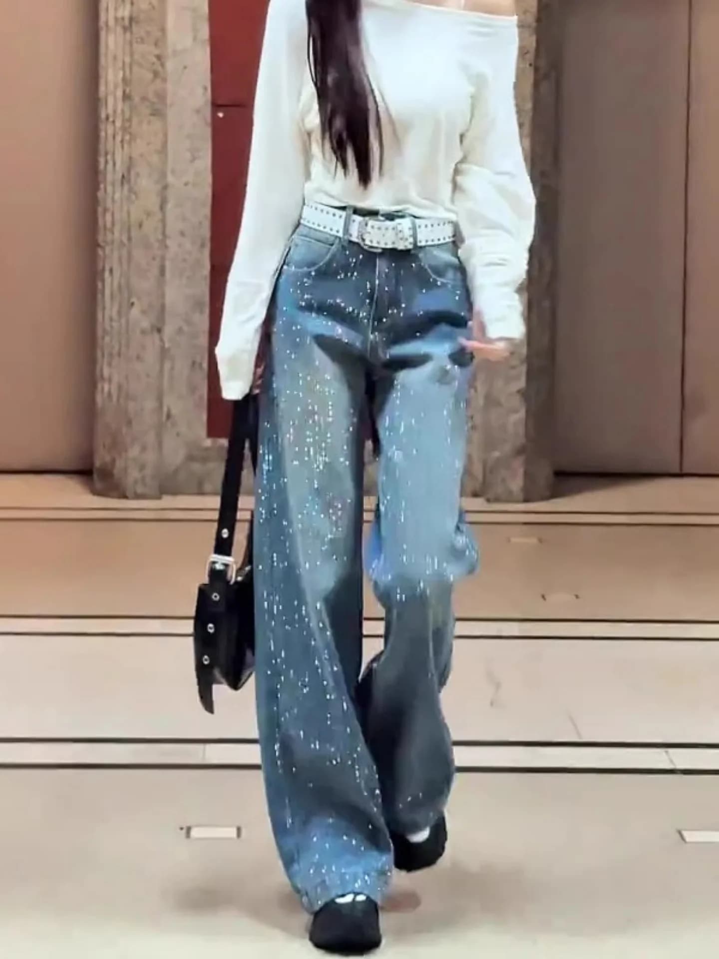 High Waist Wide Leg Denim Jeans Women's Winter Fleece Lined Draped Loose Slimming Jeans Retro Style Comfortable Cotton Blend