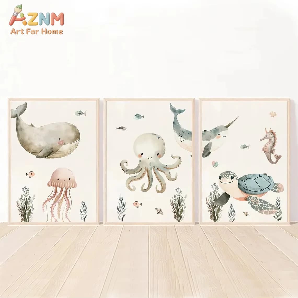 AZNM Watercolor Cute Ocean Animal Canvas Wall Art Whale Octopus Turtle Seahorse Print Unframed Canvas Painting for Baby Nursery