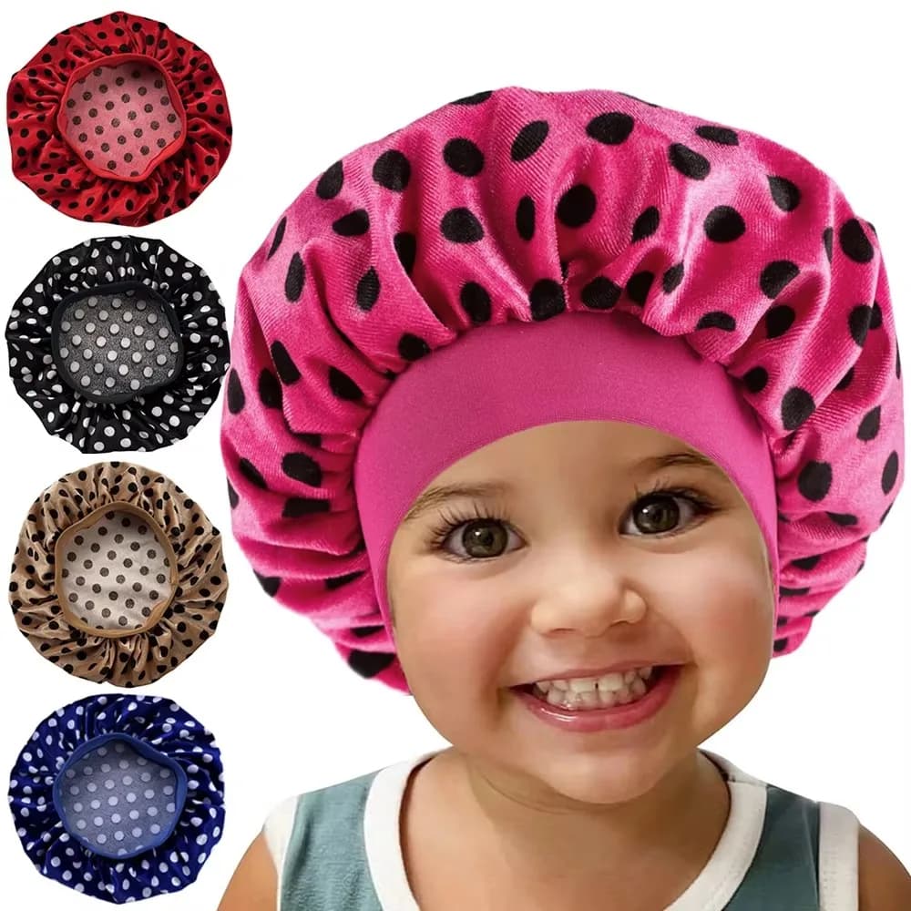 Cuffia da Notte per Bambini in Velluto con Stampa a Pois, Cuffia Elastica per la Cura dei Capelli, Cappello da Cucina per Bambini, Cuffia in Raso di Seta per Neonati e Bambini per Dormire