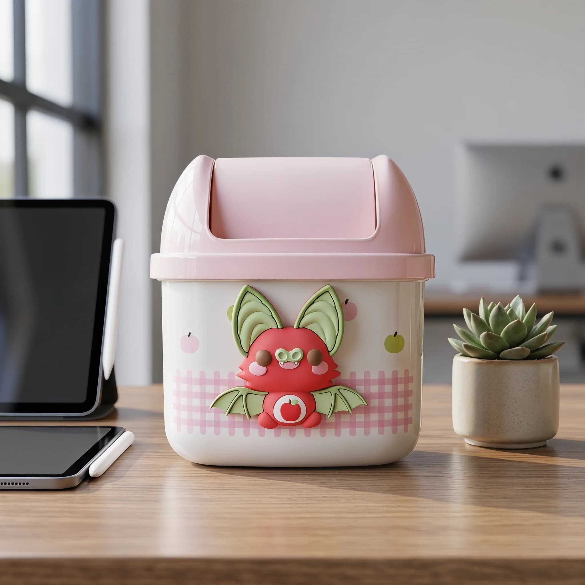Cute Cartoon Bat Mini Desktop Trash Can with Lid Kawaii Pink Apple Pattern Small Waste Bin for Office Bedroom Home Storage
