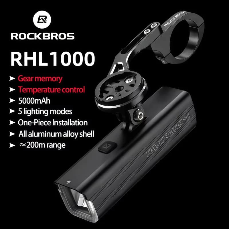 Luce Anteriore per Bicicletta ROCKBROS, Impermeabile IPX6, Ricaricabile USB-C, Torcia LED 1000LM, Faro per Ciclismo MTB e Bici da Strada