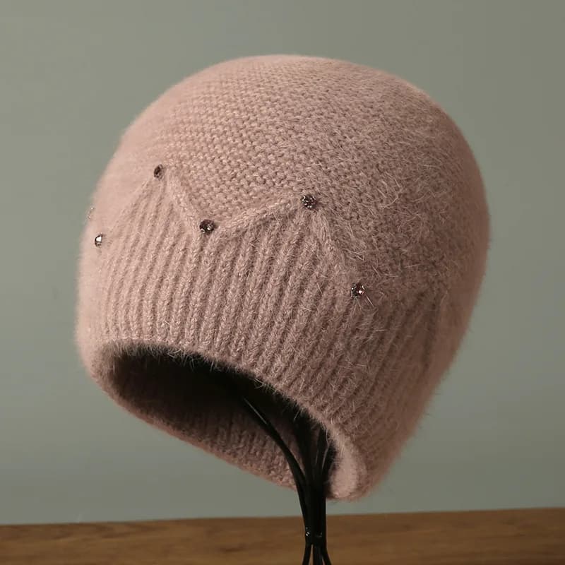 Cappello Angora Donna Cappello lavorato a maglia invernale Strass Doppi strati Accessorio caldo casual per l'autunno Sport all'aria aperta Tempo freddo