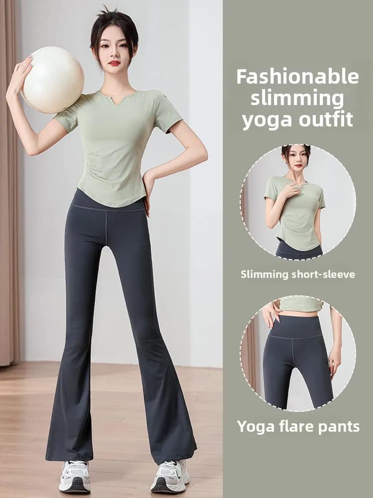 Famous Yoga Sports Set for Women, Quick Drying for Race and Dance, Long Pants and Short Sleeve T-shirts Court with Round Neck