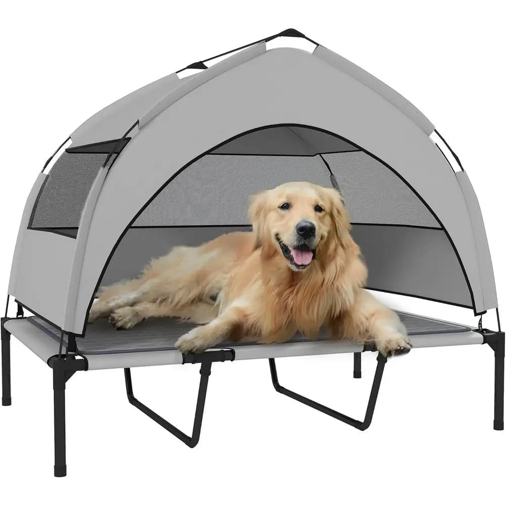 Cuccia Portatile da Esterno per Cani con Tappetino Rinfrescante, Rete Rimovibile, Vano Portaoggetti, 42x30x37 Grigio Chiaro