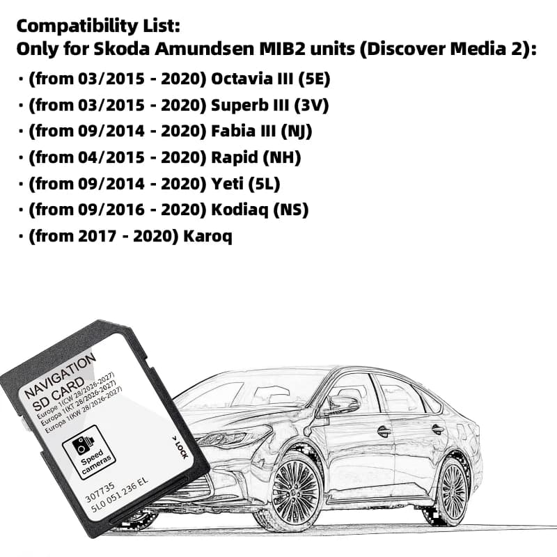 Scheda SD 32GB per Skoda Octavia Yeti Kodiaq Amundsen MIB2 Gen2 Europa 2026-2027 Discover Media con Funzione Antiappannamento e Retrovisore