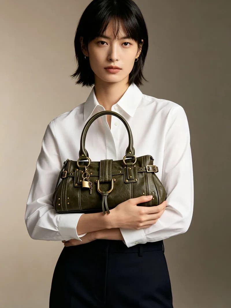 Vintage Women PU Stylish Tote Bag Lock Rivet Large Capacity Shoulder Bag Zippered Buckle Commute Travel Motorcycle Handbag