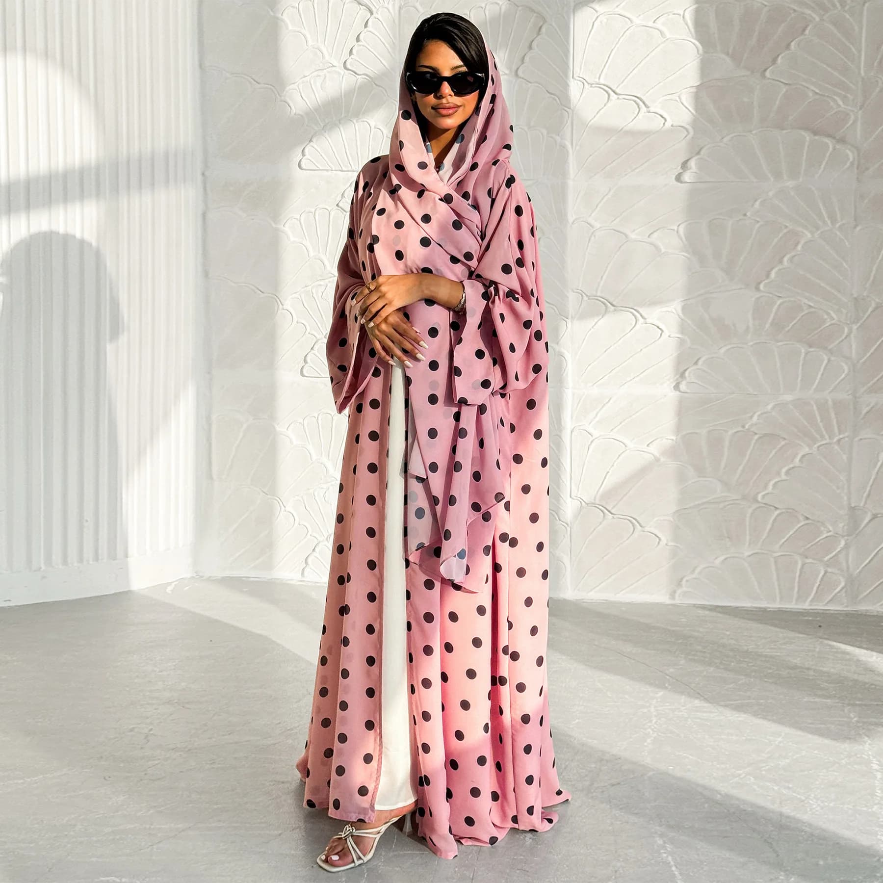 Eid Muslim Dresses Woman Open Abaya Cardigan Robe Hijab 2 pieces Set Jalabiya Morocco Dot Rama Printdan Dubai Caftano Dresses