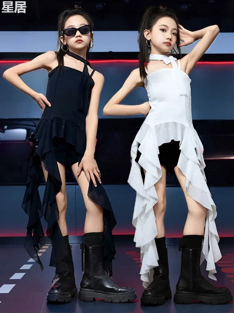 2025 New Fashion Hip Hop Dancewear Girls Trained Irregular T-shirts and blouses Black shorts Kpop Dresses Street Jazz Performance Stage Wear