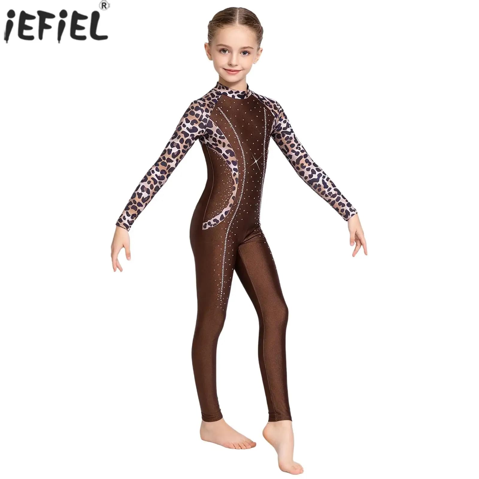 Kids Girls Gymnastics Leotards Long Sleeve Shiny Rhinestone Printed Ballet Dance Unitard Figure Skating Acrobatics Yoga Costume