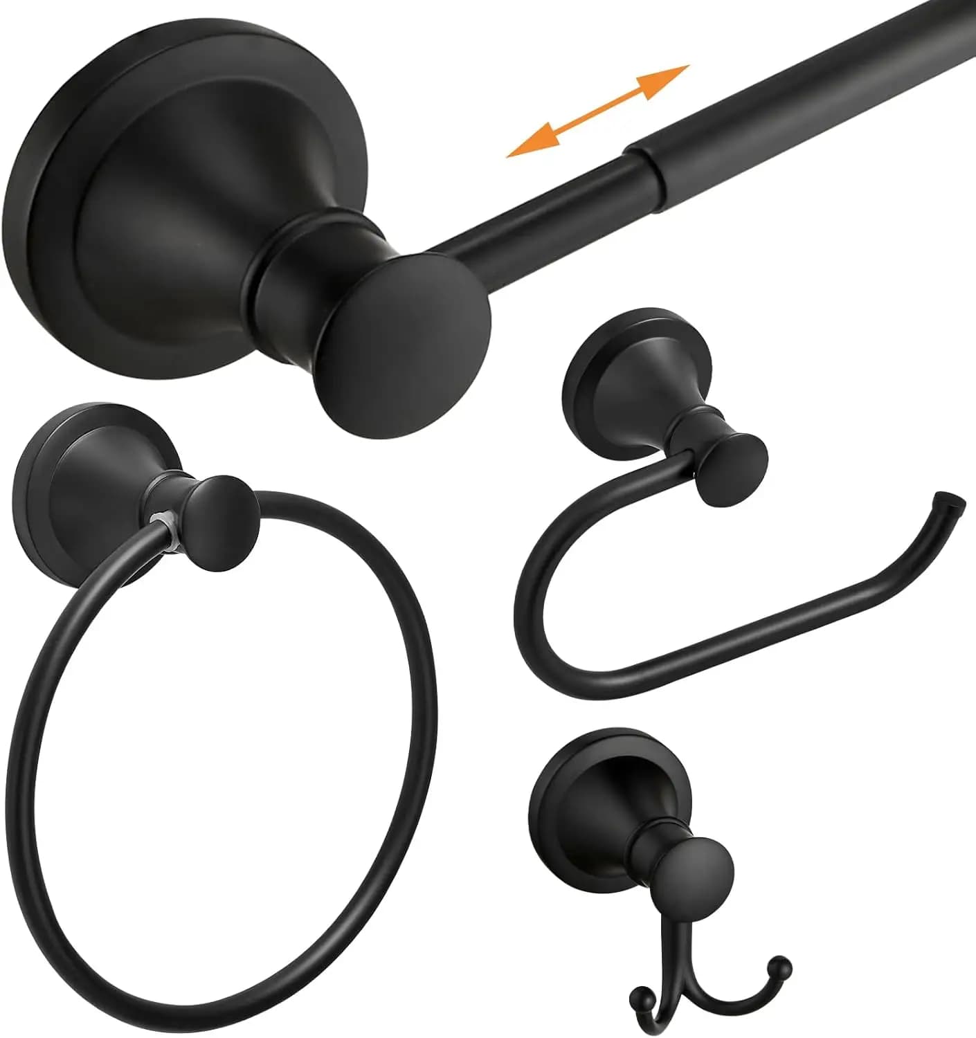 Set da Bagno 4 Pezzi Nero Opaco: Porta Asciugamani Regolabile, Anello Porta Asciugamani, Porta Carta Igienica e Doppio Gancio