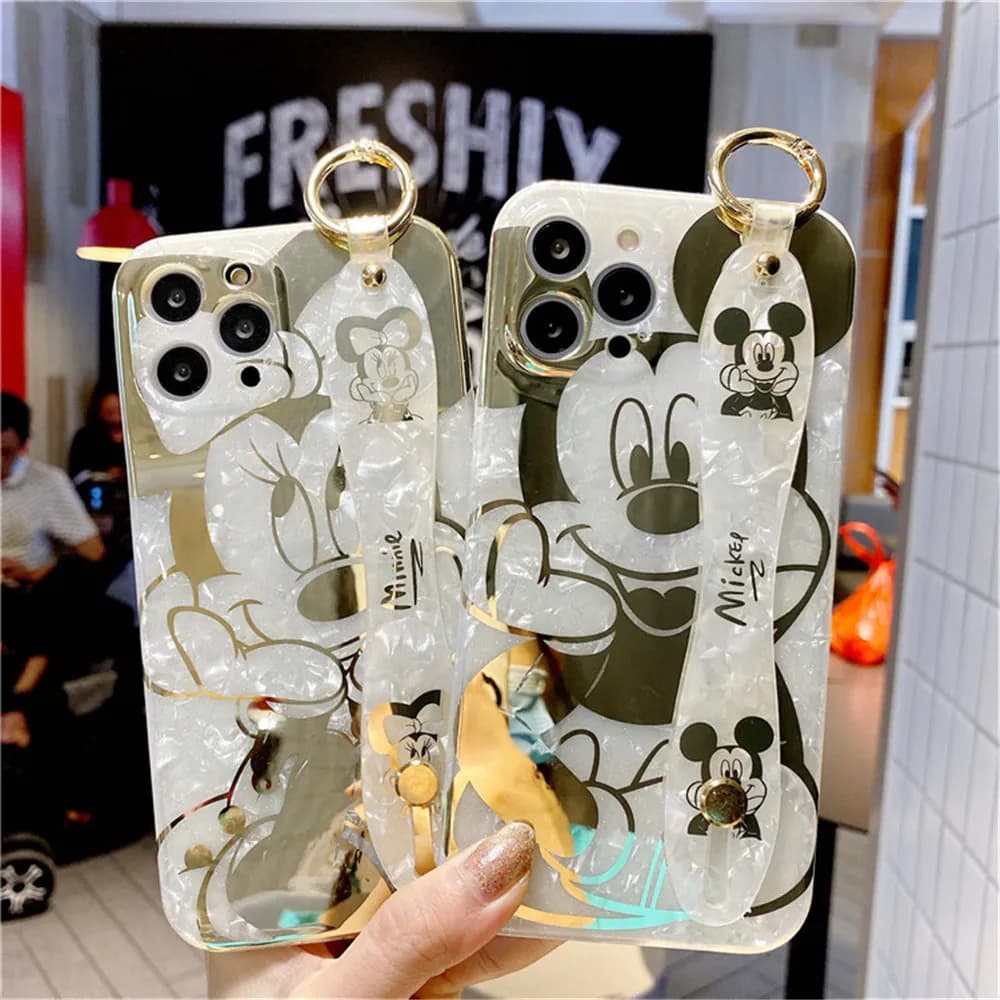 Custodia Funko Disney Minnie Mickey per iPhone 16 15 14 13 Pro Max in silicone morbido con cinturino da polso e texture a conchiglia