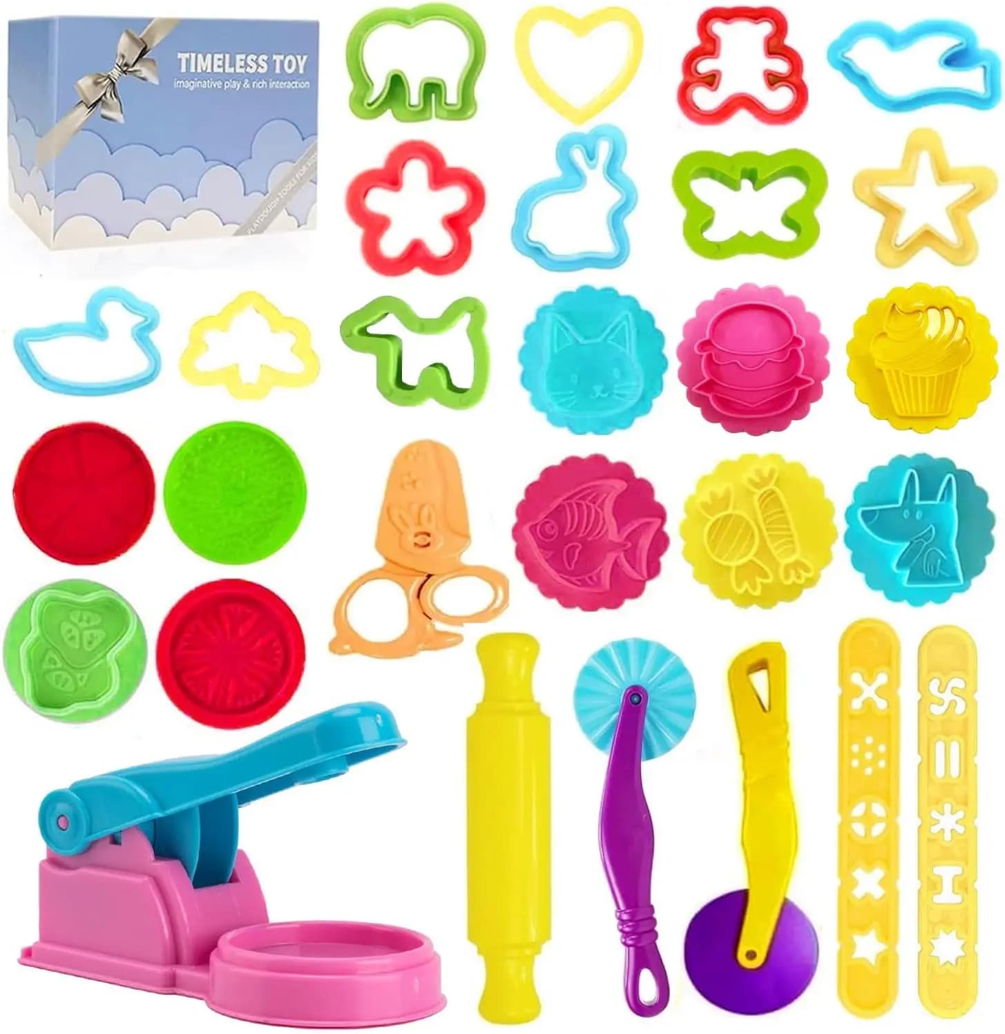 Set di Attrezzi per Pasta Modellabile per Bambini con Timbri, Tagliapasta, Rullo, Stampi Estrusori e Scatola Portaoggetti per Bambini dai 2 agli 8 Anni