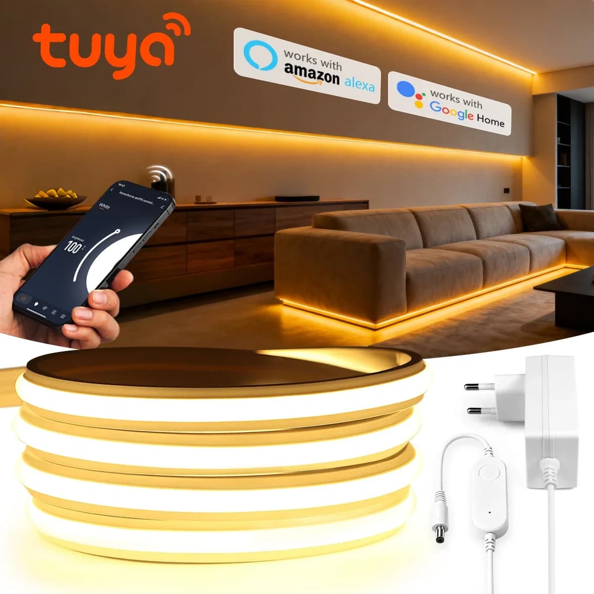 Ultimo DC24V COB Neon LED Strip Light Tubo in silicone solido ad alta luminosità con Smart TUYA Alexa Google Assistant APP Controllo vocale