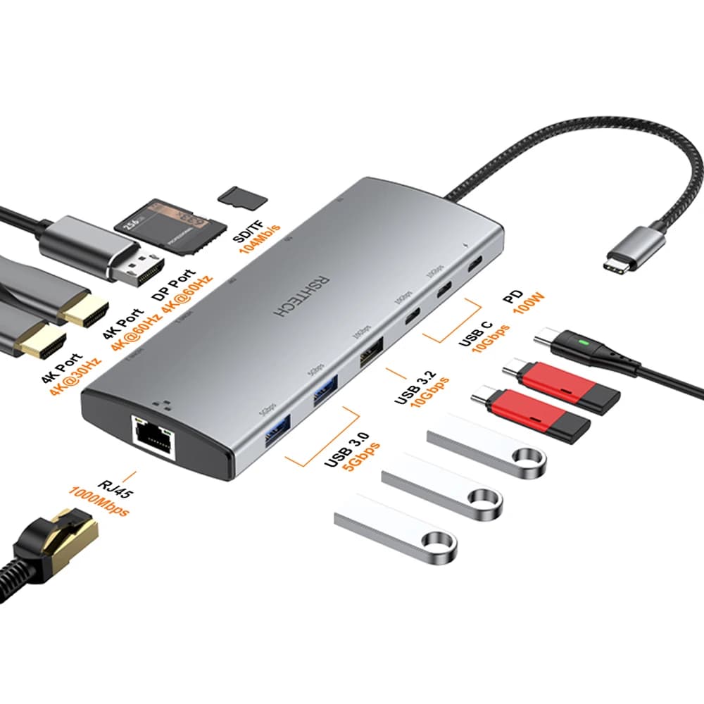 Docking station hub USB C RSHTECH 3 USB 3.2 10Gbps Adattatore multiporta display 12 in 1 con 2 PD da 100 W compatibile con HDMI per laptop