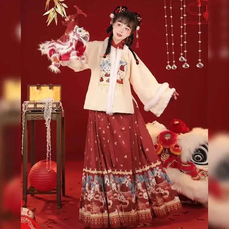 2023 Year of the Rabbit Ming Dynasty Han fu Square Neck Velvet covered Ma Mian skirt Daily Winter 3PCS Set