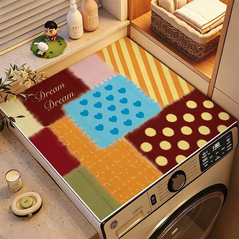 VIKAMA American Retro Color-Blocking Fabric Washing Machine Cover Pad Anti-Slip Drum Washing Machine Dust Pad Home Decor Rug