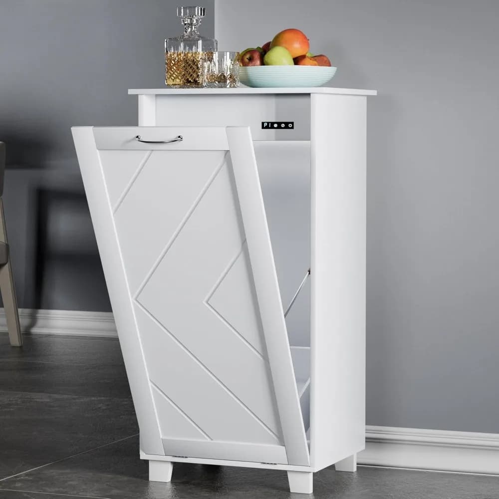 Tilt Out Kitchen Trash Bin Cabinet Dog Proof Garbage Can with Wood Holder Free Standing Recycling White