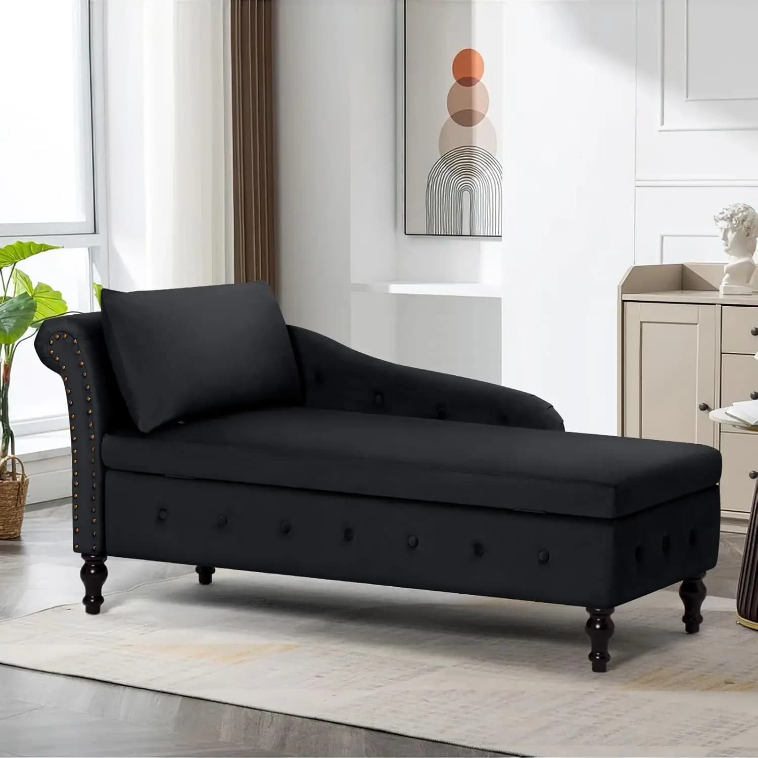 Chaise longue in velluto con bracciolo sinistro e spazio contenitore, poltrona lounge trapuntata con cuscino lombare, moderna, personalizzabile