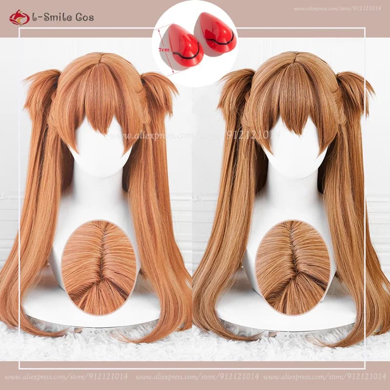 Parrucca Cosplay Anime EVA Asuka Langley Soryu 68cm Arancione Marrone con Clip per Coda di Cavallo, Fermaglio per Capelli, Resistente al Calore + Cuffia per Parrucca