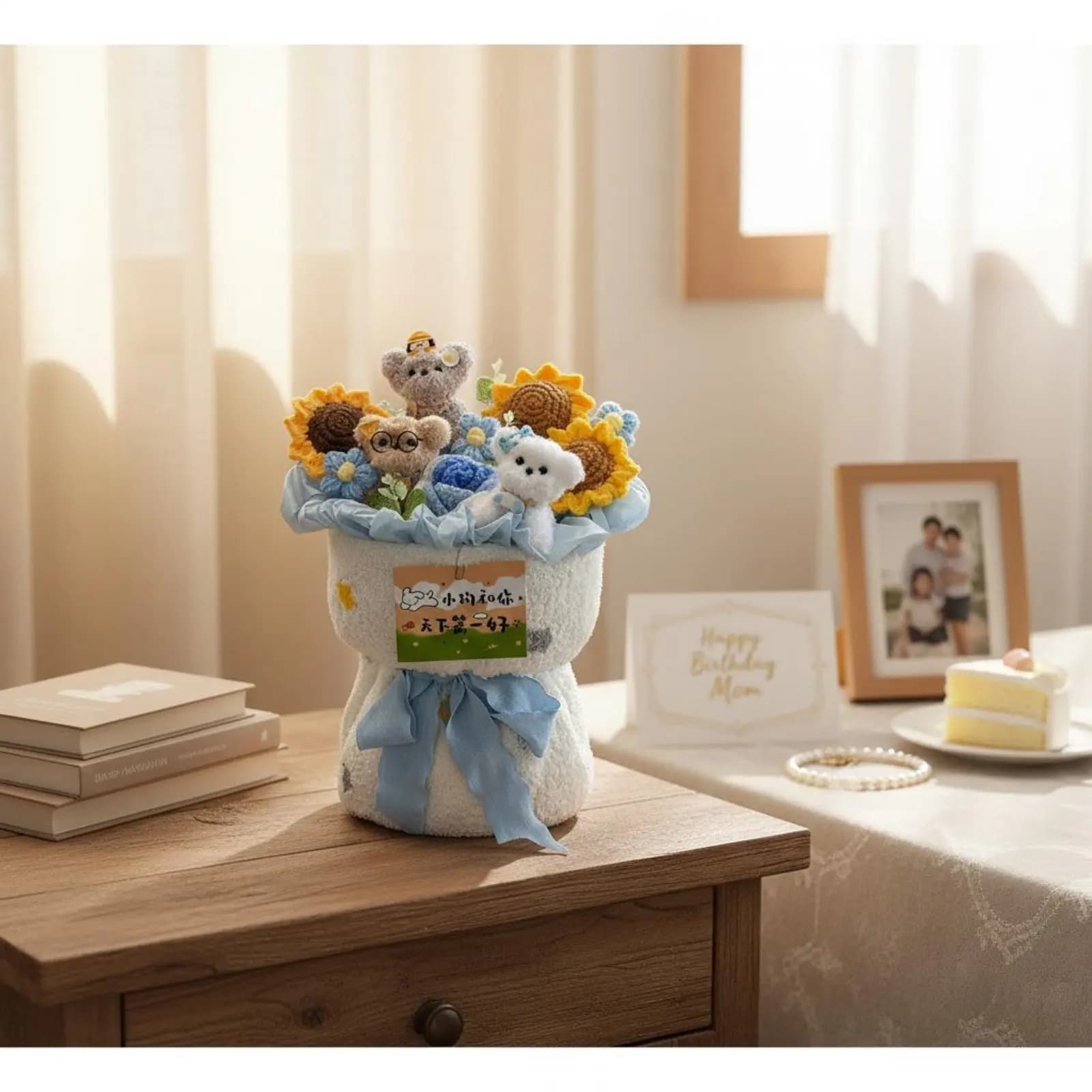 Composizione di cuccioli in ciniglia, design carino, con filo di ciniglia, articolo regalo, composizione di creature imbottite per compleanno