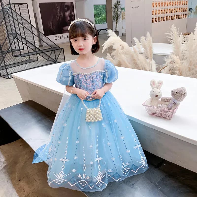 Neonate Abito da principessa Party Cosplay Costume con paillettes Regina delle nevi Stampa Regalo di compleanno Abito di carnevale Borsa per bambini Abbigliamento