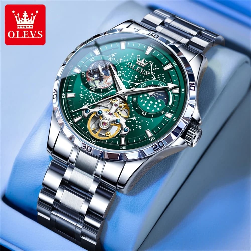 Orologio meccanico da uomo OLEVS 6689 Classic, con quadrante scheletrato, fasi lunari, luminoso, automatico e impermeabile.