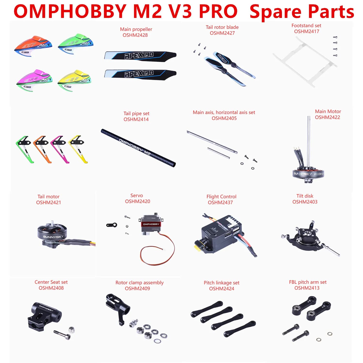OMPHOBBY M2 V3 PRO RC Elicottero Pezzi di ricambio Motore dell'elica Servo guscio Ala verticale carrello di atterraggio piastra trasversale Controllo di volo