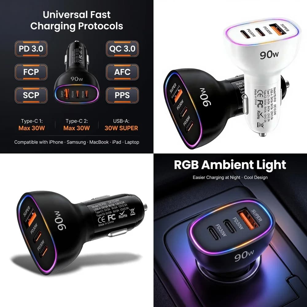 90W Car Charger Multi Port Dual PD 30W Type C USB A 30W Super Fast Charging Adapter for Laptop MacBook PPS QC3.0 RGB LED Light