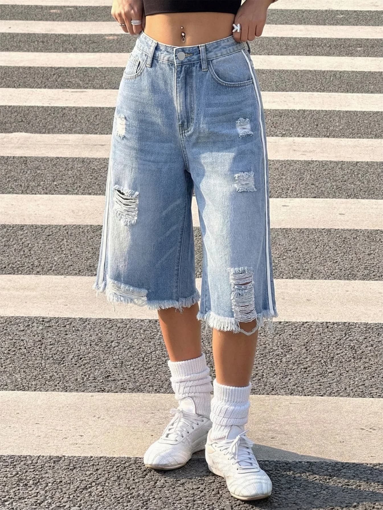 Women High Waist Ripped Distressed Denim Culottes Side White Stripe Fringe Raw Hem Loose Wide Leg Knee Length Jean Shorts With P