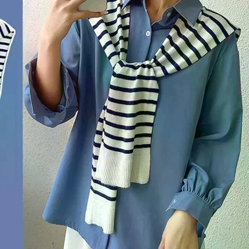 Korean Striped Knitted Warm Shawl Winter Female Blouse Shoulders Fake Collar Cape Knotted Scarf Stripe Outerwear