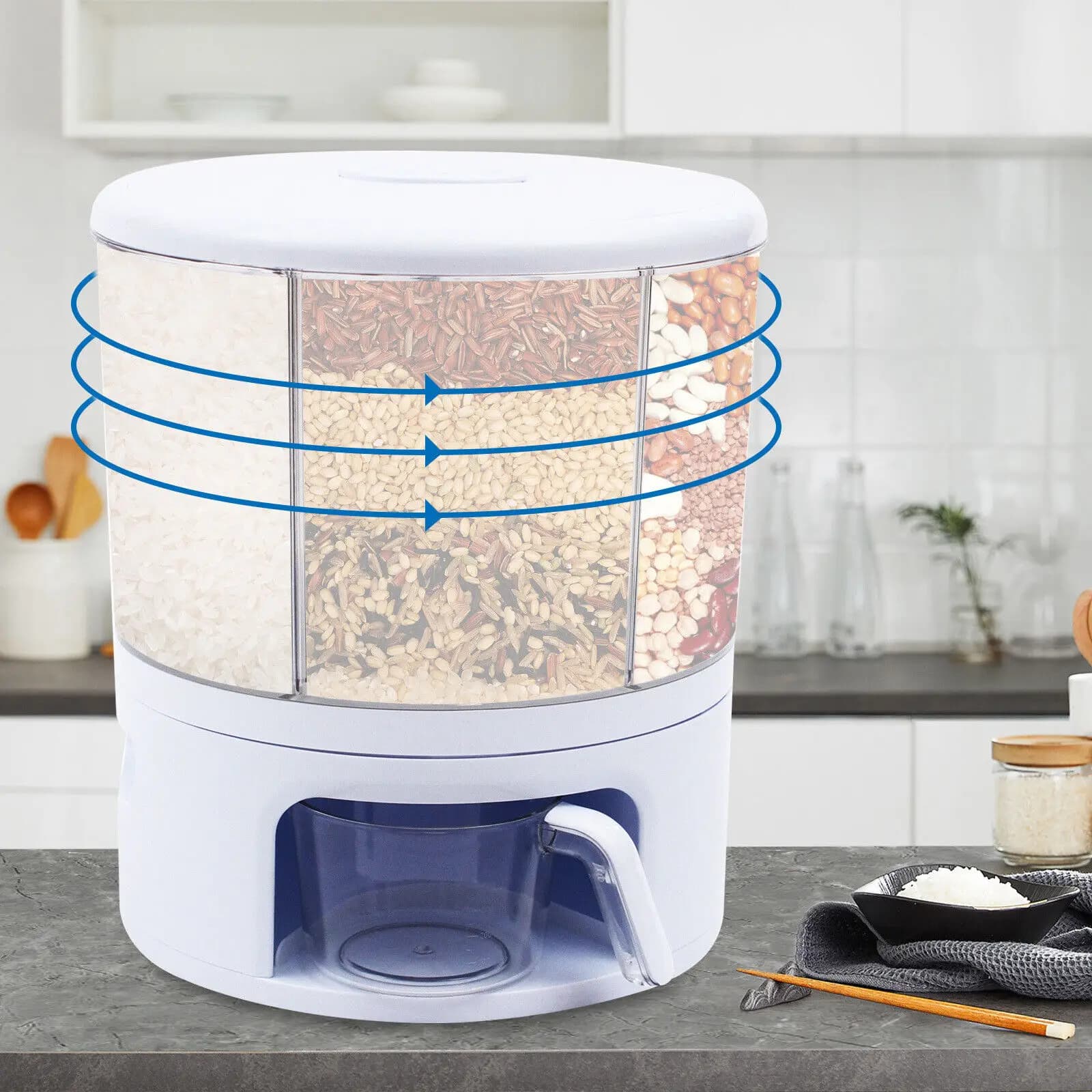 Dispenser Rotante per Cereali a 6 Scomparti 11KG 360° ° Contenitore Girevole per Conservazione Riso e Cereali, Organizzatore per Alimenti da Cucina