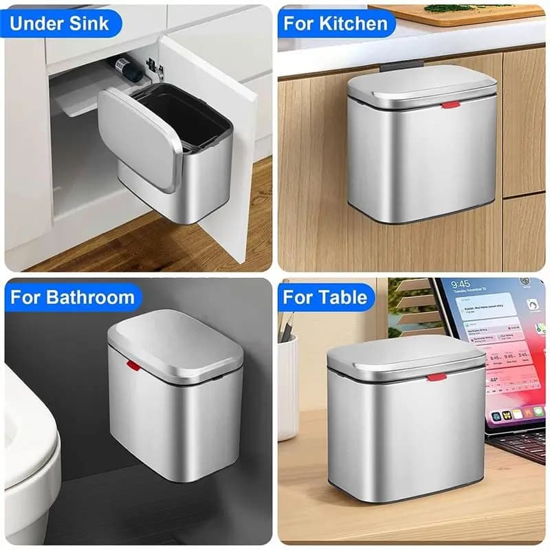 A25I Hanging Stainless Steel Compost Bin 1.05 Gallon Wall Mounted Trash Can with Lid, Kitchen Cabinet Door Sink Garbage Can