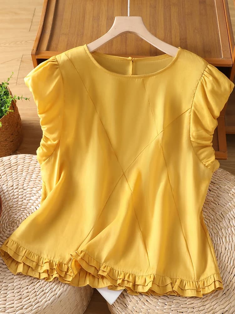 Summer 2026 New Style Casual round Neck Splice Shirt plus Size Women's Fashionable Slimming Pure Color Blouse with Gathers